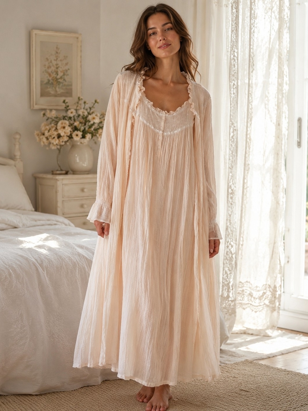 Coldwater Creek Pale Peach Lace-Trim Long Nightgown 1990/2000 Y2k